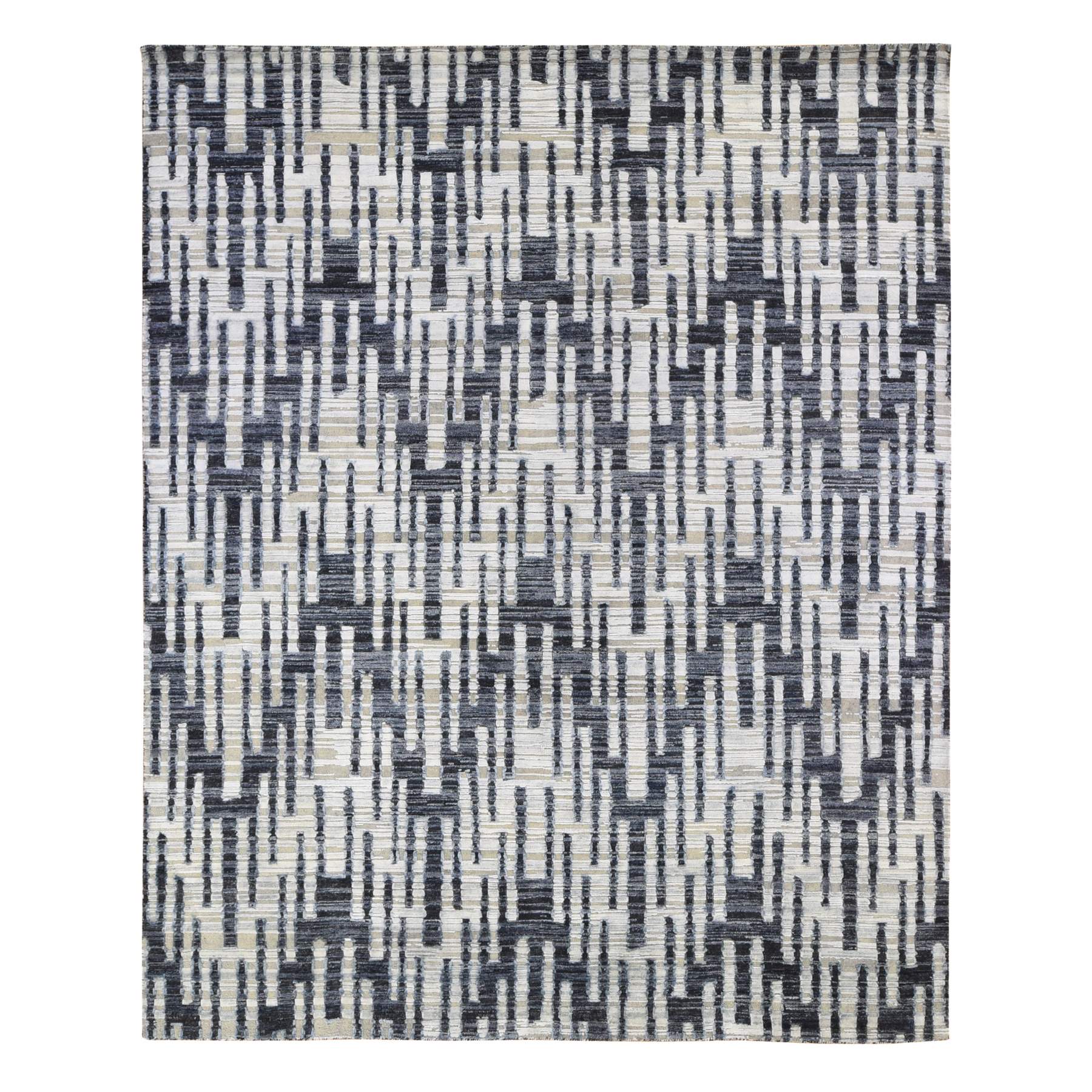 8'x10'1" Zig Zag Design Black and White Pure Silk and Textured Wool Extremely Durable Oriental Rug 